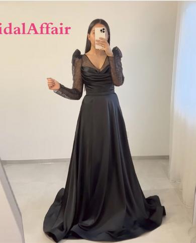 bridalaffair  שחור בקו שמלות ערב סאטן שרוולים ארוכים באורך רצפת צווארון צנוע נשים שמלות נשף רשמיות pl